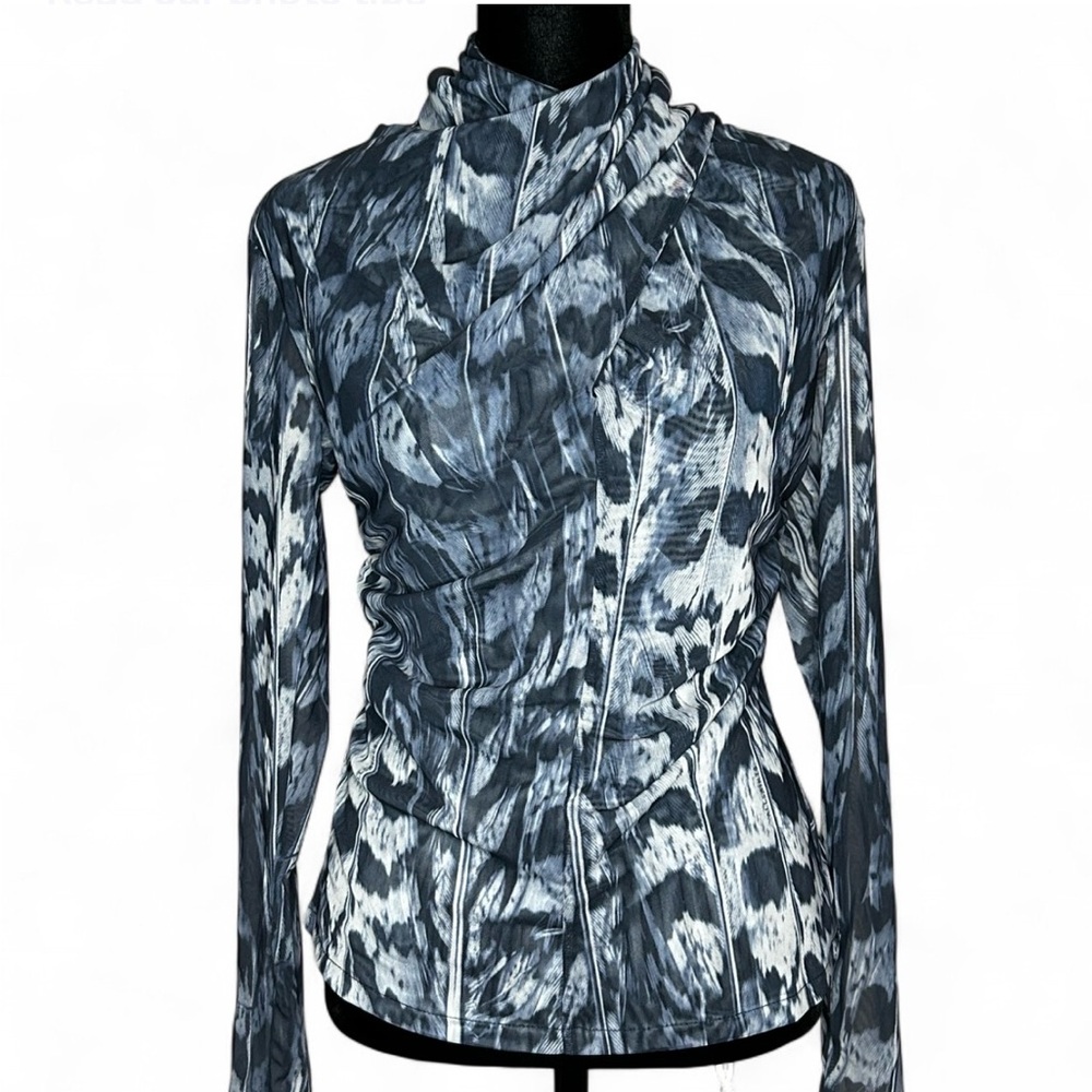 ALLSAINTS Blue Mesh Top 6, Long Sleeve High Neck W/Cross Design And Ruffle Sides - Picture 2 of 9